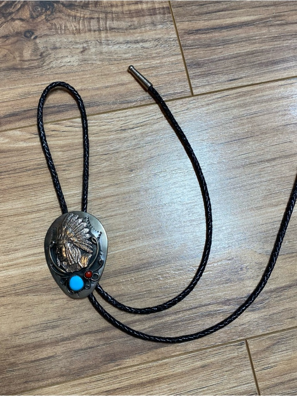 Vintage Silver Bolo Tie with Native American with Turquoise & Red Gem